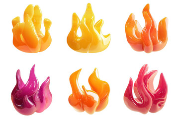 Colorful plastic flame icons in various styles, showcasing fire attributes for creative projects and designs