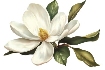 Obraz premium Magnolia flower with white petals and golden stamens isolated on a transparent background highlighting its natural beauty and elegance
