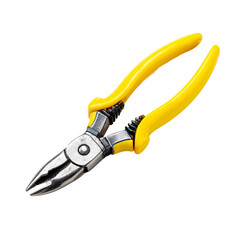 Close-up shot of yellow pliers, isolated. The tool is commonly used for cutting and gripping wires
