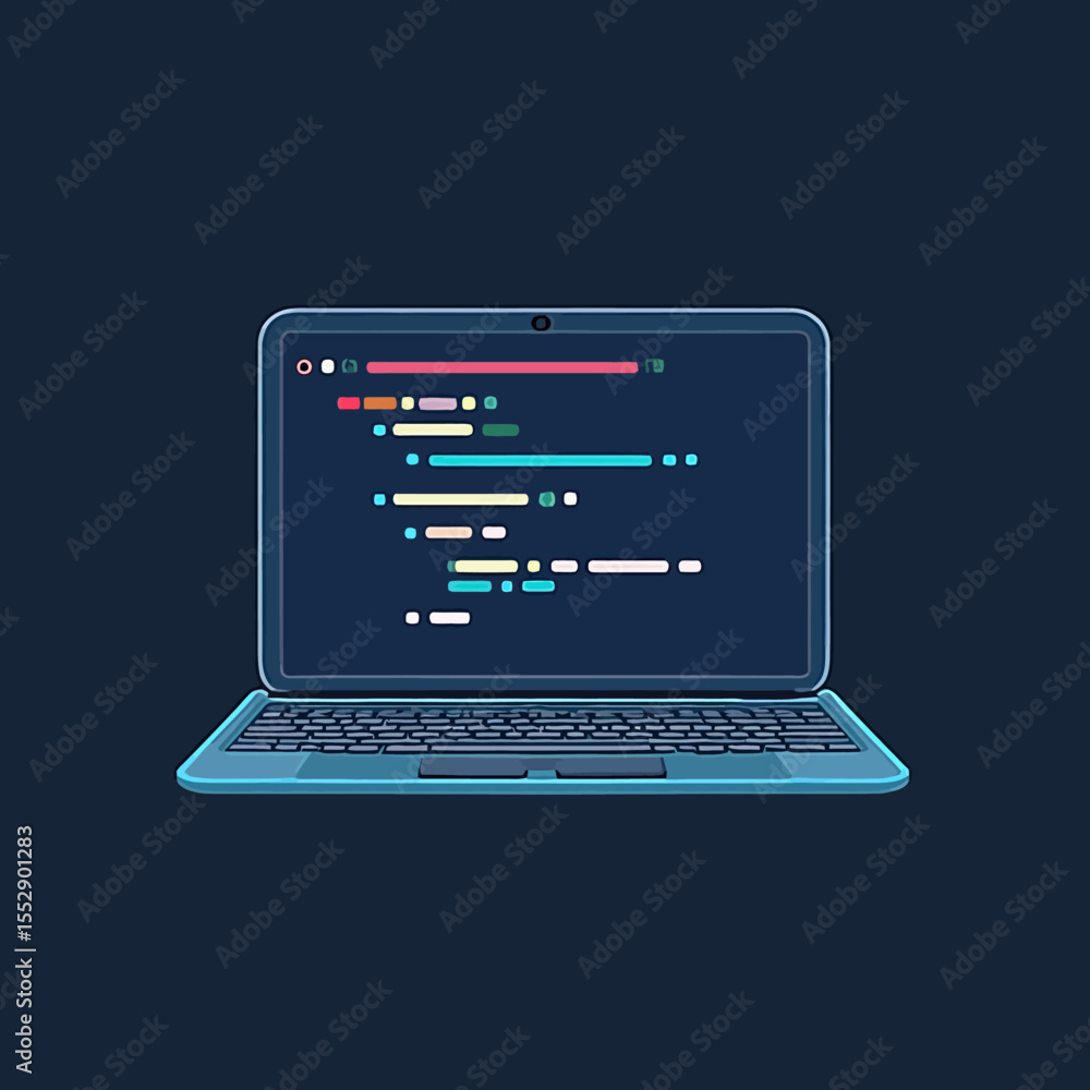 Poster laptop displaying lines of code on its screen, set against a dark background.
