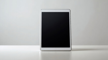 Tablet standing on neutral white surface, study lighting. White tablet computer isolated on over white background. 3d illustration.  White tablet computer mockup.
