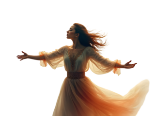 Woman in flowing beige gown with gold accents arms outstretched hair blowing in wind isolated on a transparent background