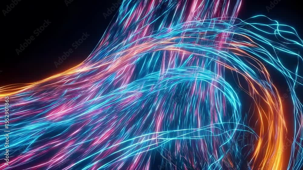 Poster glowing blue and orange lines intertwine in a dynamic abstract pattern against a dark background