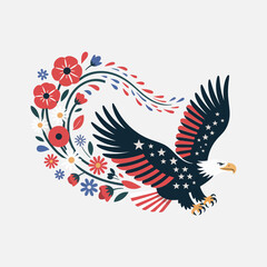 Patriotic eagle flying through trailing flowers with stylized liberty leaves and let freedom bloom text  