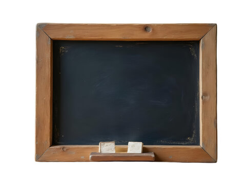 Small Rustic Wooden Frame Black Chalkboard with Two Off White Erasers isolated on a transparent background