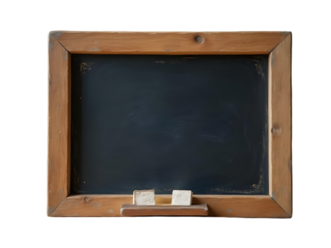 Small Rustic Wooden Frame Black Chalkboard with Two Off White Erasers isolated on a transparent background