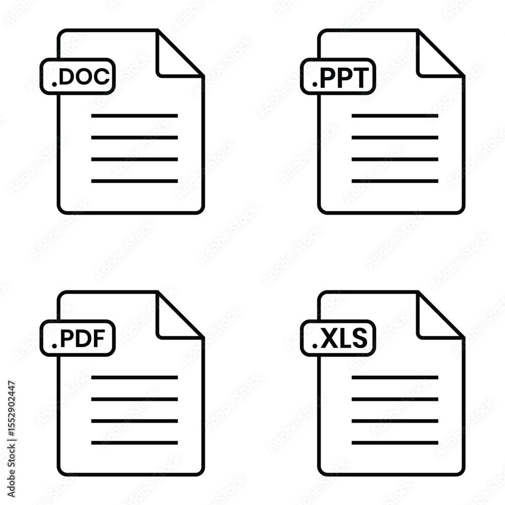 Fototapete file format and extension of documents icon set. word, pdf, ppt, excel document file icons. doc, xls