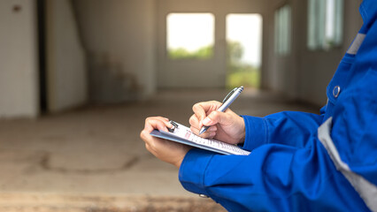 A construction foreman is checking on building quality checklist report during inspecting at the...