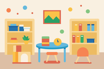 Bright and Playful Classroom Illustration Colorful Bookshelves and Learning Resources