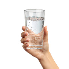 A hand holding a clear glass of water