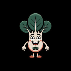 Naklejka premium Friendly cartoon character with green leafy hair and a big smile standing against a black background