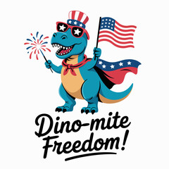 Happy smiling t-rex with red white blue cape and flag in hand representing dino-mite freedom message  