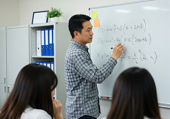 Asian male teacher explaining math equations on classroom whiteboard to students
