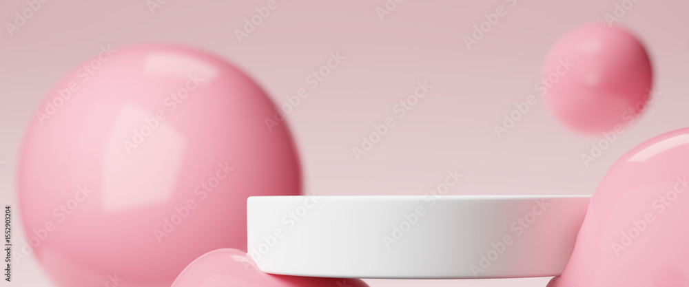 Poster white product podium display on a soft pink background with glossy spheres. 3d rendering