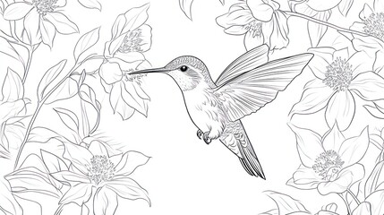 Obraz premium Hummingbird in Flowers, Black and White Line Art Illustration