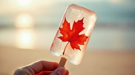 Frosty popsicle with red maple leaf design held against a blurred beach background