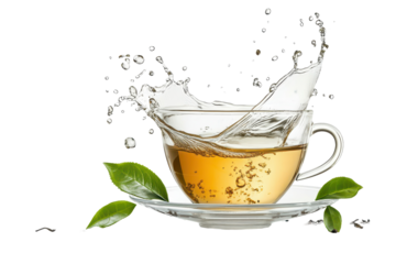 Refreshing green tea splashes in transparent cup with leaves on white background, capturing the essence of a vibrant beverage moment in a clean, elegant setting