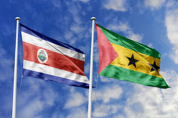 Costa Rica and Sao Tome and Principe National Flags Waving Together Under a Clear Blue Sky, Symbolizing Bilateral Relations and Global Cooperation.