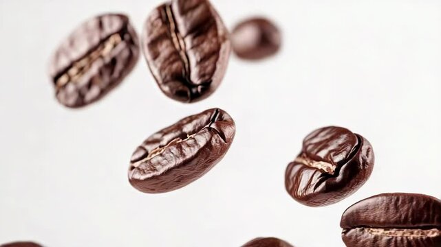 A group of coffee beans suspended in mid-air, capturing a moment of joy and wonder