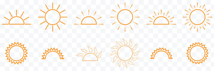 sun icon set, sunshine and solar glow, sunrise or sunset. Decorative circle full and half sun and sunlight. Hot solar energy for tan. Vector EPS 10