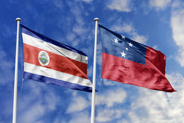 Costa Rica and Samoa National Flags Waving Together Against a Brilliant Blue Sky, Symbolizing Diplomatic Unity and Pacific-Central American Ties.