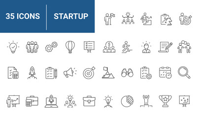 Start up set of web icons in line style. Business startup icons for web and mobile app. Startup project, development, creative idea, target, innovation, marketing, launch business, strategy and more