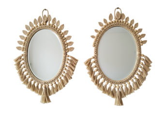 Pair of Elegant Oval Mirrors with Intricate Gold Leaf Detailing isolated on transparent background