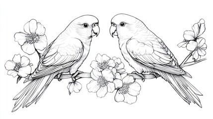 Obraz premium Parrots on Blossoms, Line Art