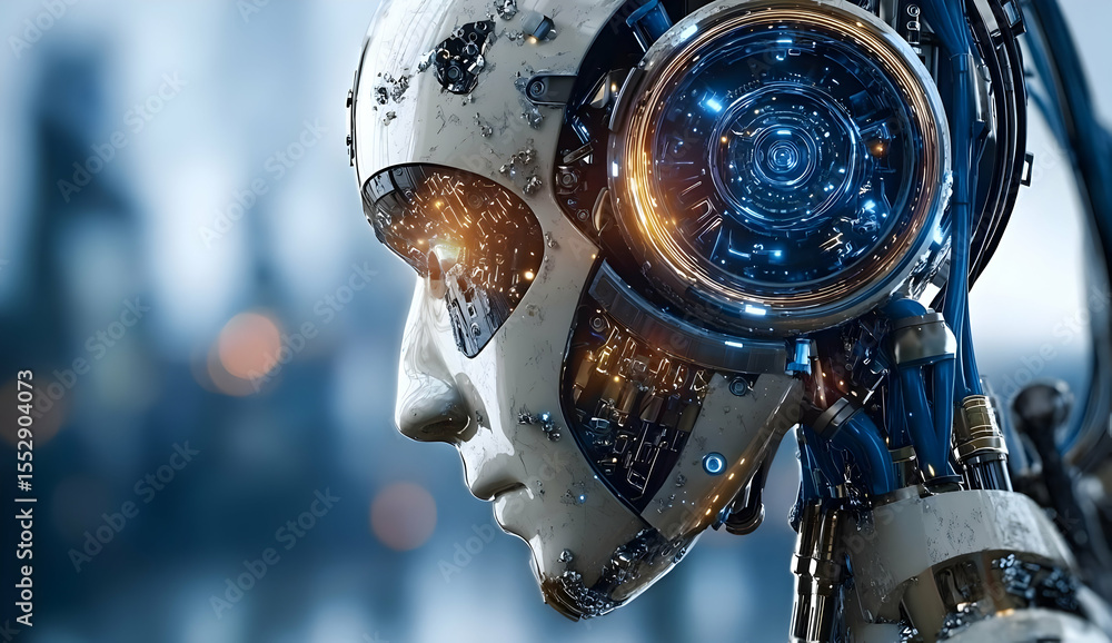 Poster a futuristic humanoid robot with intricate details and glowing elements, symbolizing advancements in