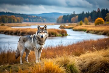 Autumn wolf: A lone wolf stands among dry grass on a riverbank, with autumn trees in the background, creating a serene and wild landscape