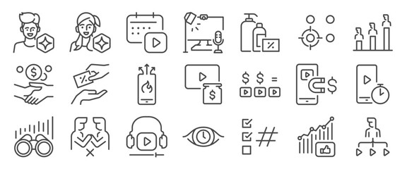 influencer icon set. It included creator, content, social media, marketing, and more icons. Editable Vector Stroke.
