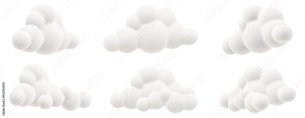 Poster a complete bundle of 3d cloud icons combining minimal and puffy cartoon styles. includes six differe