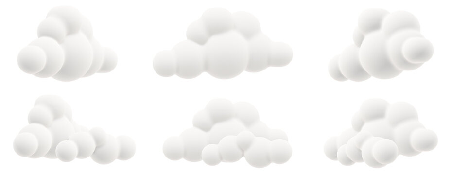 A complete bundle of 3D cloud icons combining minimal and puffy cartoon styles. Includes six different cloud shapes with a unified soft white aesthetic and light shadowing.
