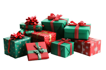 Colorful green and red Christmas gift boxes arranged creatively for holiday celebrations and festive gatherings