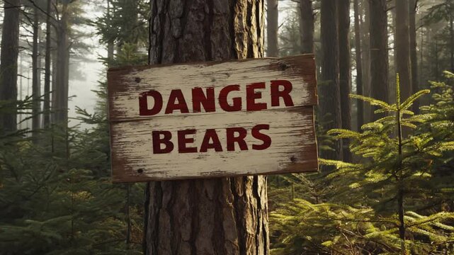 Bear danger sign in the forest.