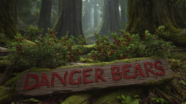 Bear danger sign in the forest.