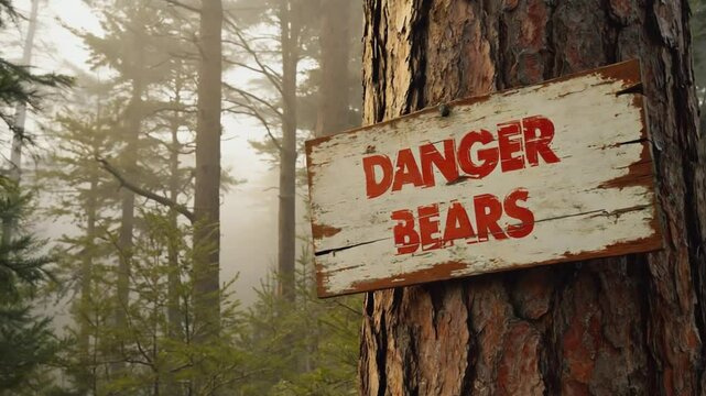 Bear danger sign in the forest.