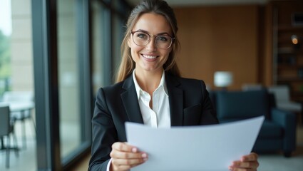 
A confident and elegant businesswoman smiles while holding documents in a modern office, embodying success, professionalism, and leadership.