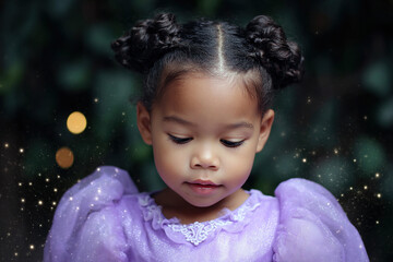 A young child with an adorable updo looks down, wearing a lavender dress amidst a bokeh-filled, magical background, creating a serene moment.