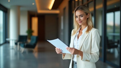 
A confident and elegant businesswoman smiles while holding documents in a modern office, embodying success, professionalism, and leadership.