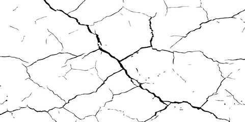 A close-up, high-contrast, black and white image of a cracked surface. The intricate network of cracks, ranging from thick, deep fissures to fine, branching lines, creates a stark and textured pattern