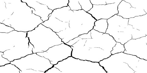 A close-up, high-contrast, black and white image of a cracked surface. The intricate network of cracks, ranging from thick, deep fissures to fine, branching lines, creates a stark and textured pattern
