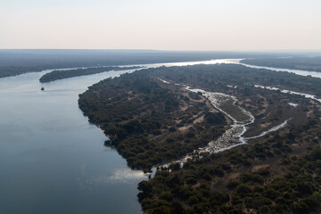 aerial view of Zambezi River near Victoria Falls National Park in Zambia