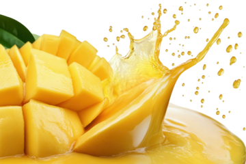 Splatters of mango juice surrounded by fresh mango cubes, highlighting the refreshing essence of tropical fruit in a clear background with vibrant colors