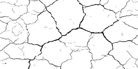 A close-up, high-contrast, black and white image of a cracked surface. The intricate network of cracks, ranging from thick, deep fissures to fine, branching lines, creates a stark and textured pattern