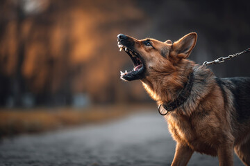 Aggressive German Shepherd on leash with open mouth and bared fangs, snarling against a blurred park or forest background, dynamic angle