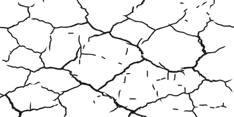 A close-up, high-contrast, black and white image of a cracked surface. The intricate network of cracks, ranging from thick, deep fissures to fine, branching lines, creates a stark and textured pattern