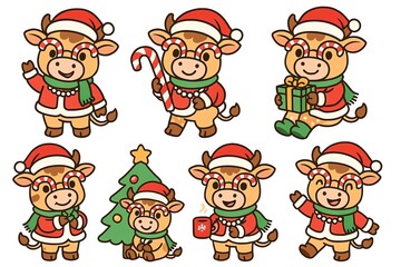Fototapeta premium Cute cartoon reindeer characters celebrating Christmas with gifts, candy canes, and festive decorations.