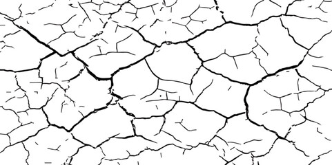A close-up, high-contrast, black and white image of a cracked surface. The intricate network of cracks, ranging from thick, deep fissures to fine, branching lines, creates a stark and textured pattern