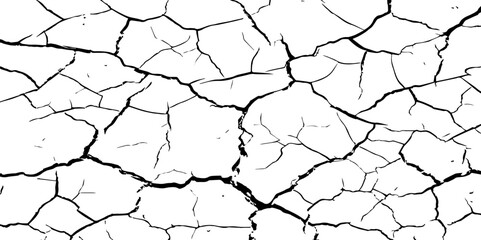 A close-up, high-contrast, black and white image of a cracked surface. The intricate network of cracks, ranging from thick, deep fissures to fine, branching lines, creates a stark and textured pattern